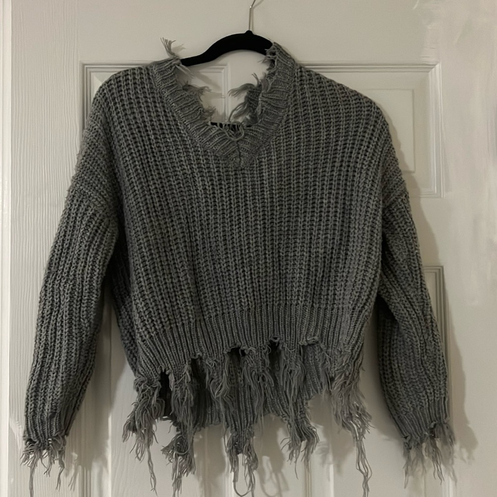 Fringey gray sweater